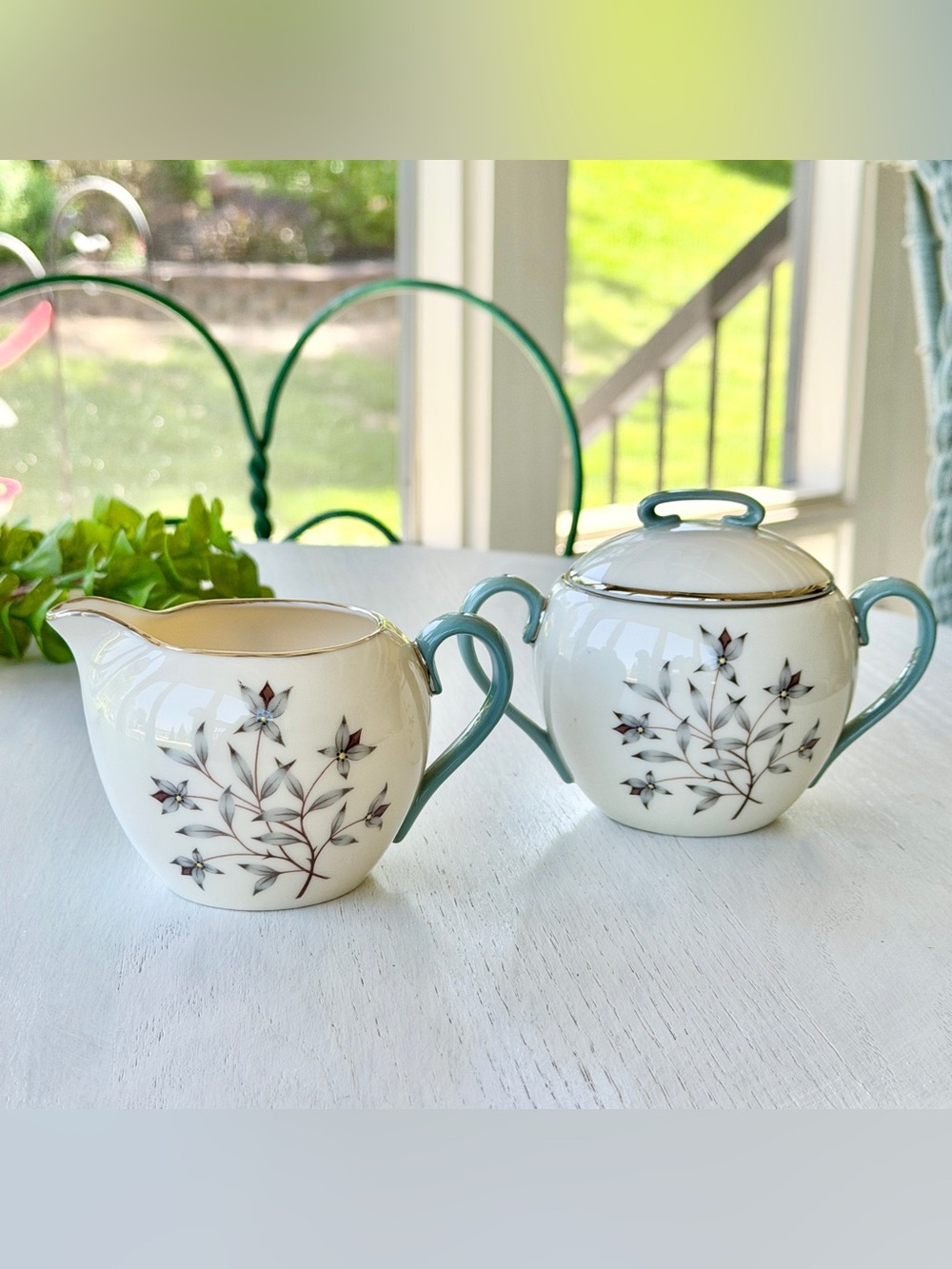 VINTAGE, LENOX, “KINGSLEY”, FINE BONE CHINA, SUGAR BOWL WITH LID & CREAMER.